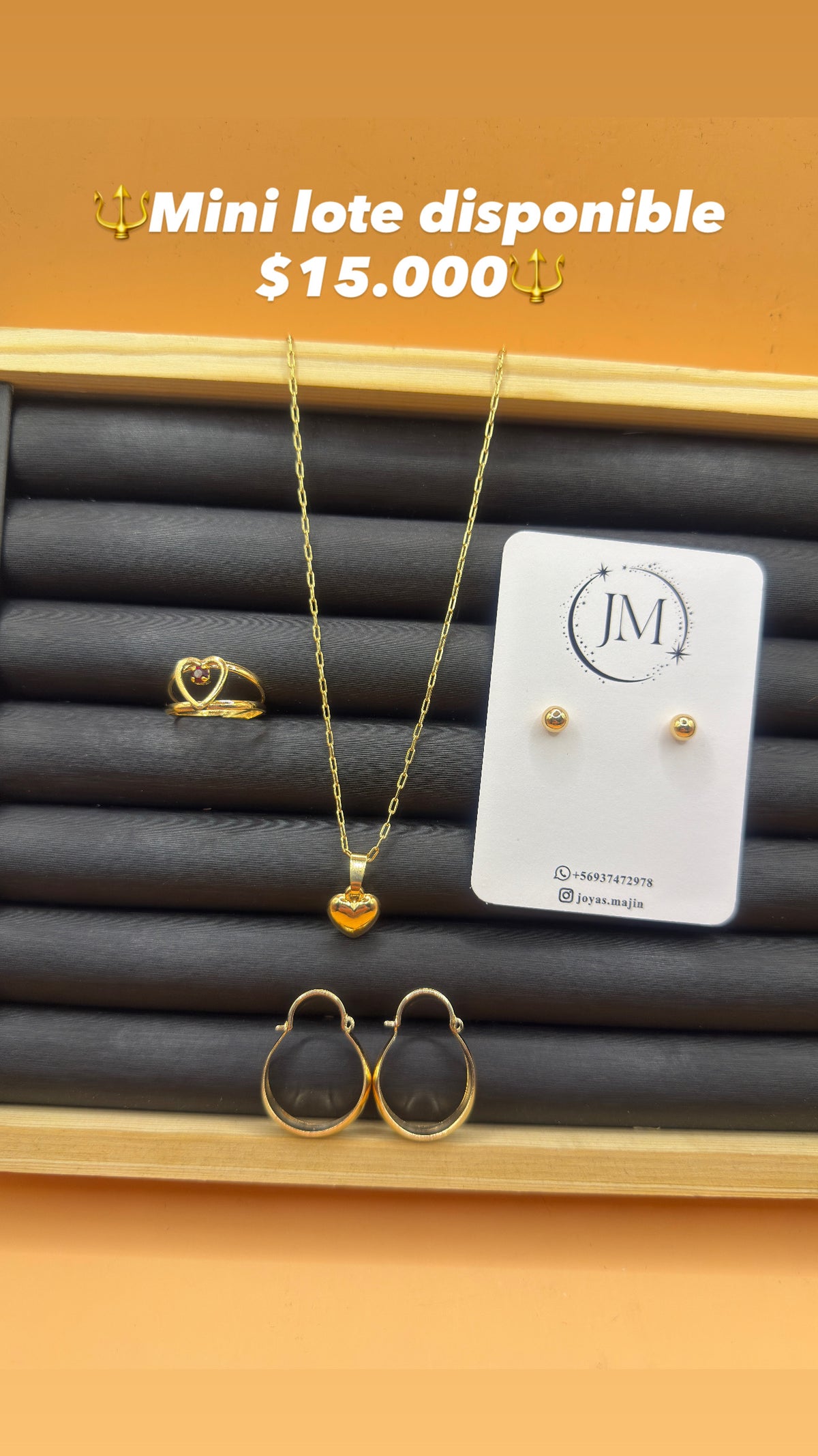 Mini Lote Anillo Corazón, Collar y Aretes Bañados en Oro