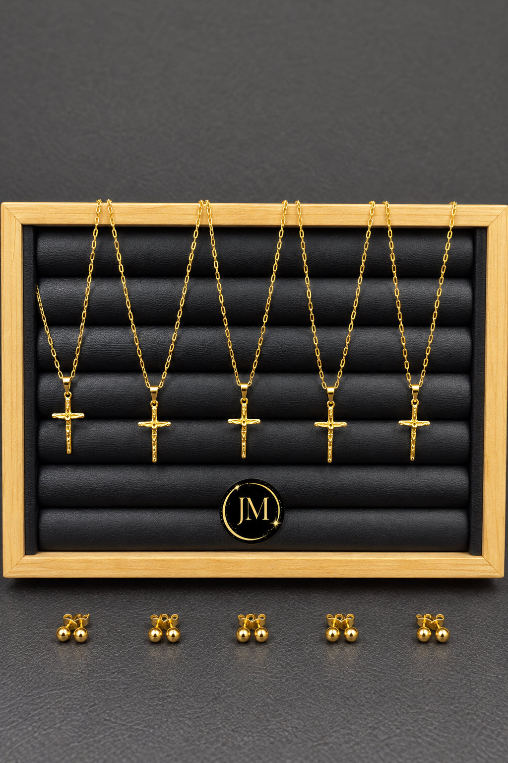 Lote Ganador Bañado en Oro 18k: 5 Cadenas Limadas con Cruz + 5 Aros de Bolita