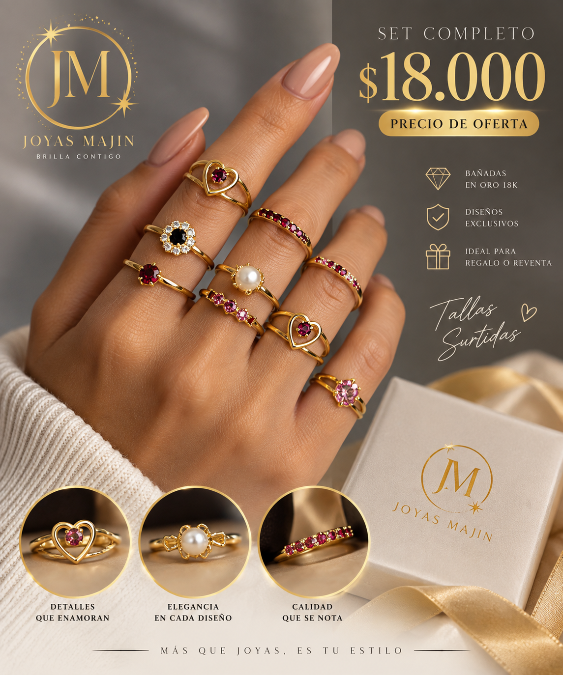 Pack Emprendedor: Set de Anillos Bañados en Oro 18K – Tallas Surtidas (Ideal Reventa)