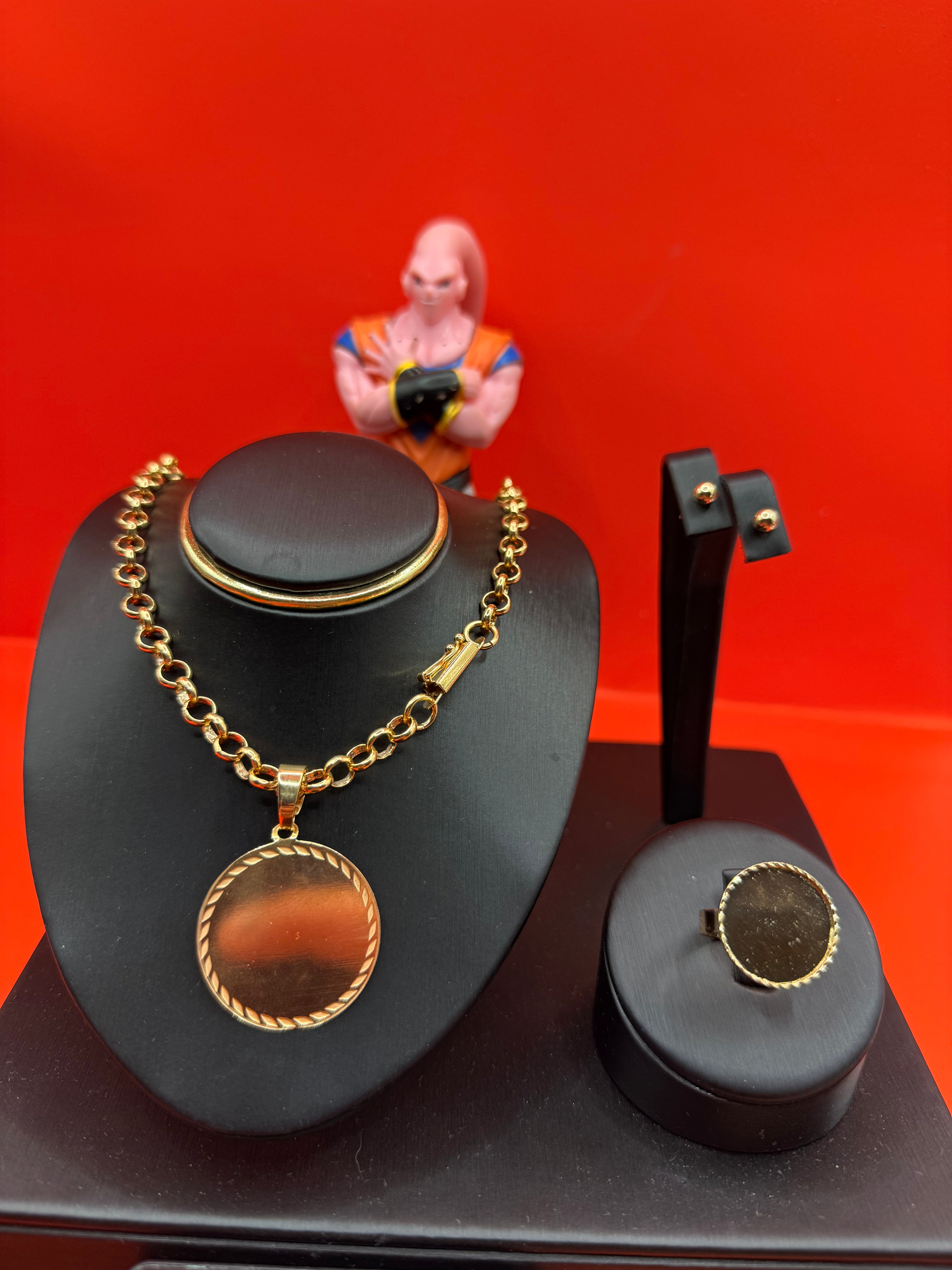 Conjunto Cadena Rolo Gruesa con Disco + Anillo Disco + Aros Bolita 5 mm | Sello 18k