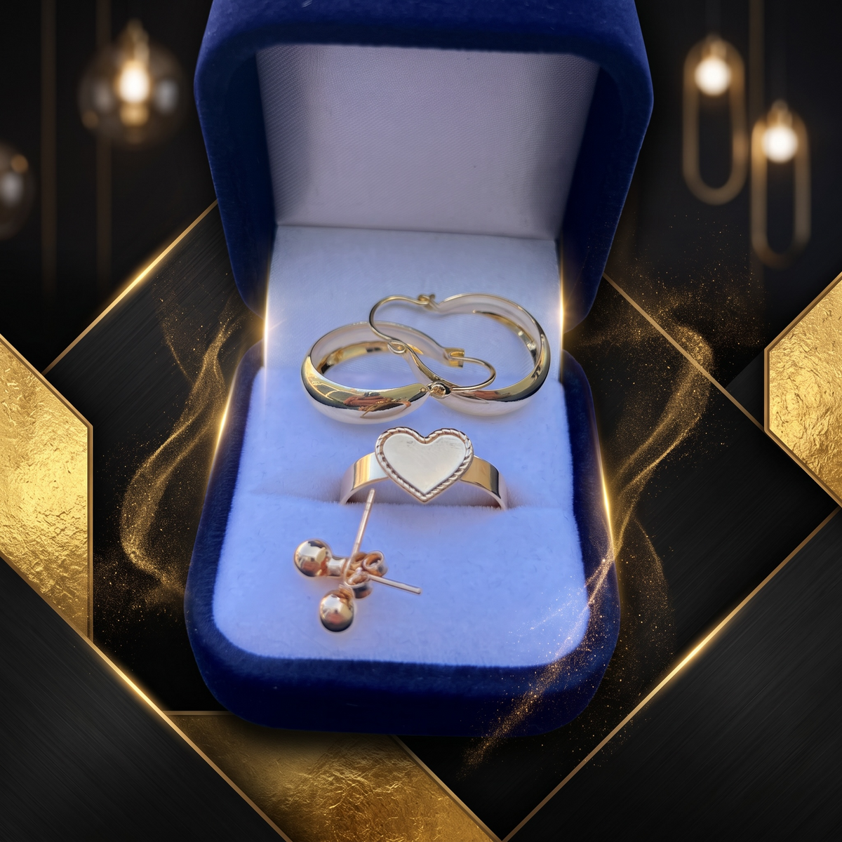 Pack Aros y Anillo de Corazón Bañado en Oro